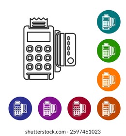 Black line POS terminal with inserted credit card and printed reciept icon isolated on white background. NFC payment concept. Set icons in color circle buttons. Vector Illustration