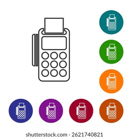 Black line POS terminal with inserted credit card and printed reciept icon isolated on white background. NFC payment concept. Set icons in color circle buttons. Vector Illustration