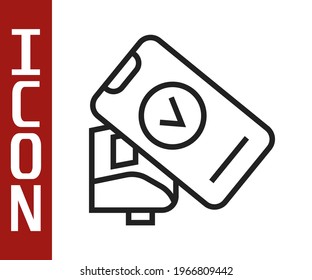 Black Line POS Terminal mit gedrucktem Empfang und bestätigt die Zahlung per Smartphone Symbol einzeln auf weißem Hintergrund. NFC-Zahlungskonzept.  Vektorgrafik