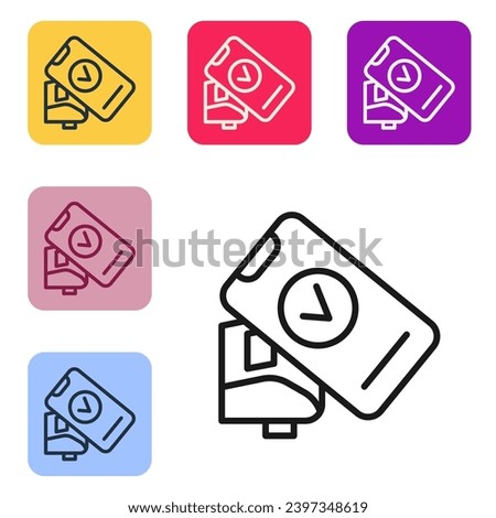 Black line POS terminal with printed reciept and confirms the payment by smartphone icon isolated on white background. NFC payment concept. Set icons in color square buttons. Vector