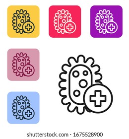 Black line Positive virus icon isolated on white background. Corona virus 2019-nCoV. Bacteria and germs, cell cancer, microbe, fungi. Set icons in color square buttons. Vector Illustration