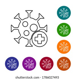 Black line Positive virus icon isolated on white background. Corona virus 2019-nCoV. Bacteria and germs, cell cancer, microbe, fungi. Set icons in color circle buttons. Vector.