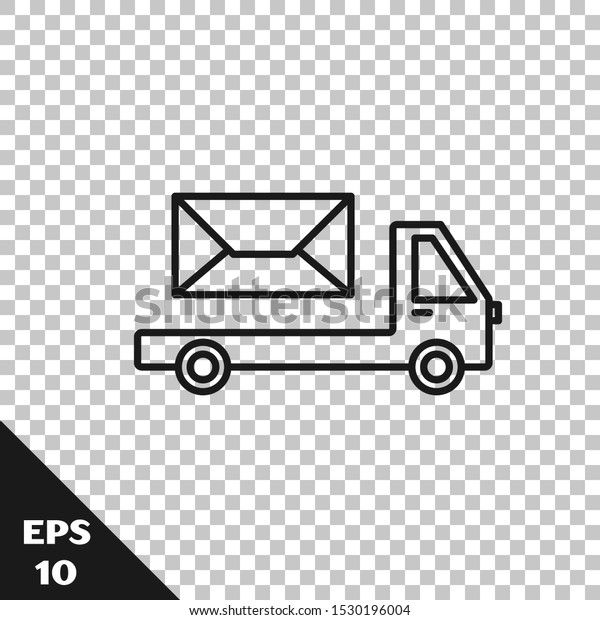 Black line Post truck icon isolated on\
transparent background. Mail car. Vehicle truck transport with\
envelope or letter.  Vector\
Illustration