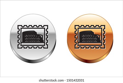 Black line Postal stamp and Coliseum icon isolated on white background. Colosseum sign. Symbol of Ancient Rome, gladiator fights. Silver-gold circle button. Vector Illustration