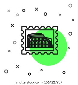 Black line Postal stamp and Coliseum icon isolated on white background. Colosseum sign. Symbol of Ancient Rome, gladiator fights.  Vector Illustration