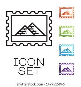 Black line Postal stamp and Egypt pyramids icon isolated on white background. Set icons colorful. Vector Illustration