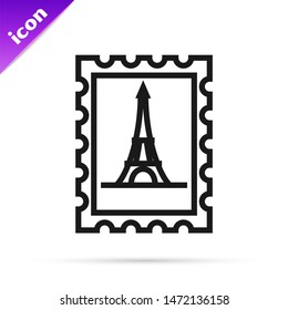 Black line Postal stamp and Eiffel tower icon isolated on white background.  Vector Illustration