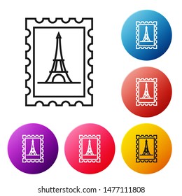 Black line Postal stamp and Eiffel tower icon isolated on white background. Set icons colorful circle buttons. Vector Illustration