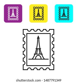 Black line Postal stamp and Eiffel tower icon isolated on white background. Set icons colorful square buttons. Vector Illustration