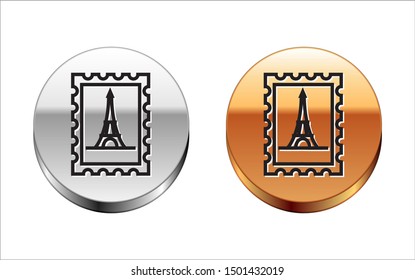 Black line Postal stamp and Eiffel tower icon isolated on white background. Silver-gold circle button. Vector Illustration