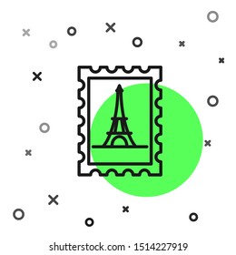 Black line Postal stamp and Eiffel tower icon isolated on white background.  Vector Illustration