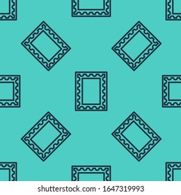 Black line Postal stamp icon isolated seamless pattern on green background.  Vector Illustration