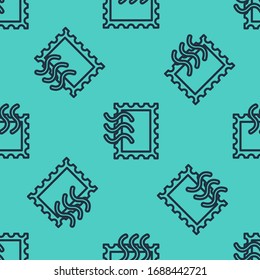 Black line Postal stamp icon isolated seamless pattern on green background.  Vector Illustration