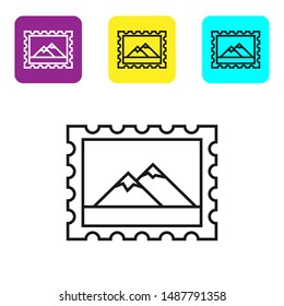 Black line Postal stamp and Mountains icon isolated on white background. Set icons colorful square buttons. Vector Illustration