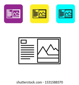 Black line Postcard icon isolated on white background. Set icons colorful square buttons. Vector Illustration