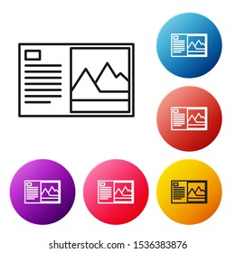 Black line Postcard icon isolated on white background. Set icons colorful circle buttons. Vector Illustration