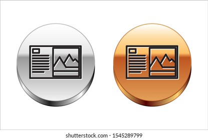 Black line Postcard icon isolated on white background. Silver-gold circle button. Vector Illustration