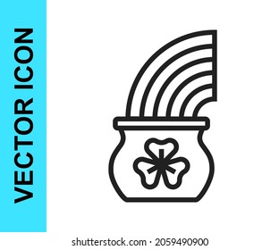 Black line Pot of gold with magic rainbow icon isolated on white background. Happy Saint Patricks day. National Irish holiday.  Vector