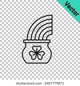 Black line Pot of gold with magic rainbow icon isolated on transparent background. Happy Saint Patricks day. National Irish holiday.  Vector