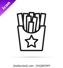 Black line Potatoes french fries in carton package box icon isolated on white background. Fast food menu.  Vector