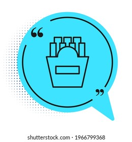 Black line Potatoes french fries in carton package box icon isolated on white background. Fast food menu. Blue speech bubble symbol. Vector Illustration