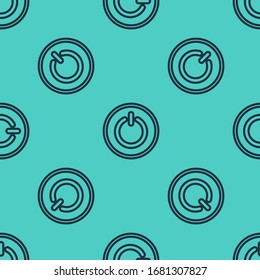 Icono del botón de alimentación de línea negra aislado patrón transparente en fondo verde. Iniciar signo. Ilustración vectorial