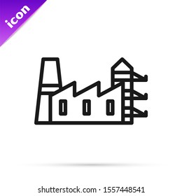 Black line Power station plant and factory icon isolated on white background. Energy industrial concept.  Vector Illustration