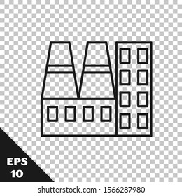 Black line Power station plant and factory icon isolated on transparent background. Energy industrial concept.  Vector Illustration