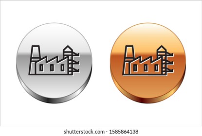 Black line Power station plant and factory icon isolated on white background. Energy industrial concept. Silver-gold circle button. Vector Illustration