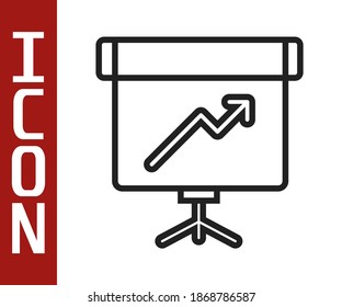 Black line Presentation board with graph, schedule, chart, diagram, infographic, pie graph icon isolated on white background.  Vector