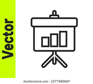 Black line Presentation board with graph, schedule, chart, diagram, infographic, pie graph icon isolated on white background.  Vector Illustration