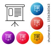 Black line Presentation financial business board with graph, schedule, chart, diagram, infographic, pie graph icon isolated on white background. Set icons colorful circle buttons. Vector Illustration