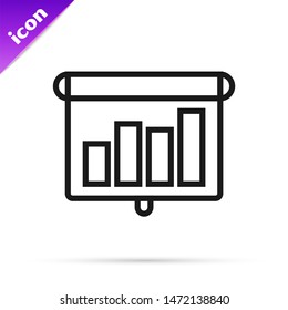 Black line Presentation financial business with graph, schedule, chart, diagram, infographic, pie graph icon isolated on white background.  Vector Illustration