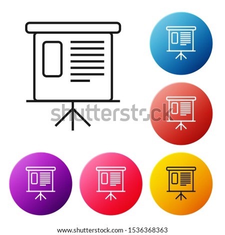 Black line Presentation financial business board with graph, schedule, chart, diagram, infographic, pie graph icon isolated on white background. Set icons colorful circle buttons. Vector Illustration