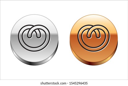 Black line Pretzel icon isolated on white background. German comfort food pastry. Oktoberfest festival. Silver-gold circle button. Vector Illustration