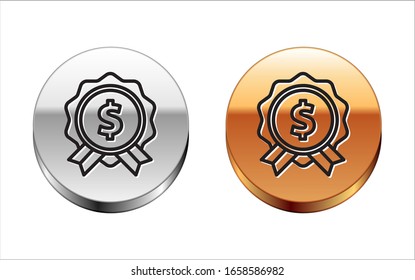 Black line Price tag with dollar icon isolated on white background. Badge for price. Sale with dollar symbol. Promo tag discount. Silver-gold circle button. Vector Illustration