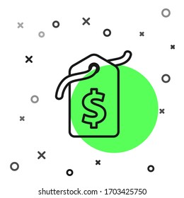 Black line Price tag with dollar icon isolated on white background. Badge for price. Sale with dollar symbol. Promo tag discount.  Vector Illustration