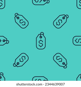 Black line Price tag with dollar icon isolated seamless pattern on green background. Badge for price. Sale with dollar symbol. Promo tag discount.  Vector