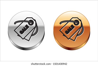 Black line Price tag with an inscription Sale icon isolated on white background. Badge for price. Promo tag discount. Silver-gold circle button. Vector Illustration