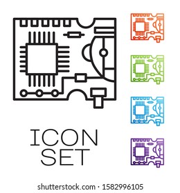 Black line Printed circuit board PCB icon isolated on white background. Set icons colorful. Vector Illustration