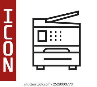 Icono de impresora de línea negra aislado sobre fondo blanco.  Ilustración vectorial