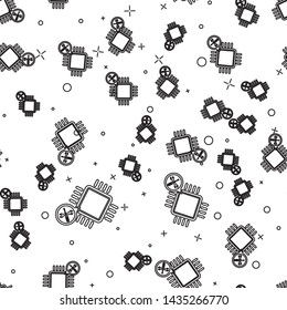 Black line Processor with screwdriver and wrench icon isolated seamless pattern on white background. Adjusting, service, setting, maintenance, repair, fixing.  Vector Illustration