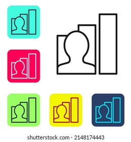 Línea negra Icono humano productivo aislado en fondo blanco. Idea de trabajo, éxito, productividad, visión y concepto de eficiencia. Establezca iconos en los botones cuadrados de color. Vector