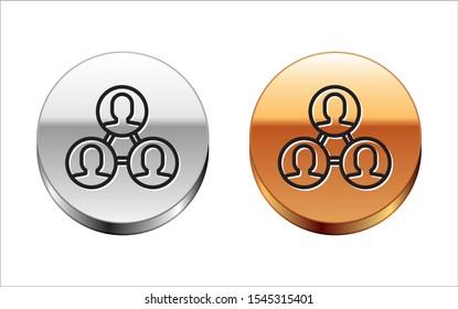 Black line Project team base icon isolated on white background. Business analysis and planning, consulting, team work, project management. Silver-gold circle button. Vector Illustration