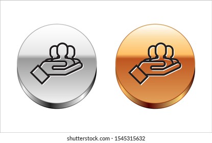Black line Project team base icon isolated on white background. Business analysis and planning, consulting, team work, project management. Silver-gold circle button. Vector Illustration