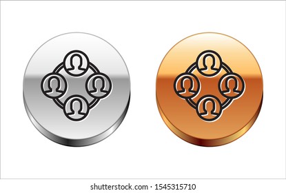 Black line Project team base icon isolated on white background. Business analysis and planning, consulting, team work, project management. Silver-gold circle button. Vector Illustration
