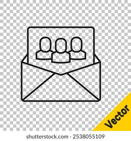 Schwarze Linie Basissymbol des Projektteams einzeln auf transparentem Hintergrund. Unternehmensanalyse und -planung, Beratung, Teamarbeit, Projektmanagement. Entwickler.  Vektorgrafik