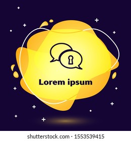 Black line Protection of personal data icon isolated on blue background. Speech bubble and key. Abstract banner with liquid shapes. Vector Illustration