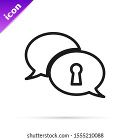 Black line Protection of personal data icon isolated on white background. Speech bubble and key.  Vector Illustration