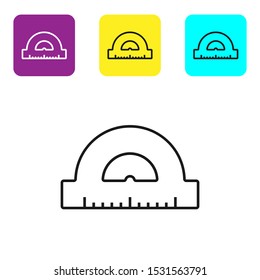 Black line Protractor grid for measuring degrees icon isolated on white background. Tilt angle meter. Measuring tool. Geometric symbol. Set icons colorful square buttons. Vector Illustration
